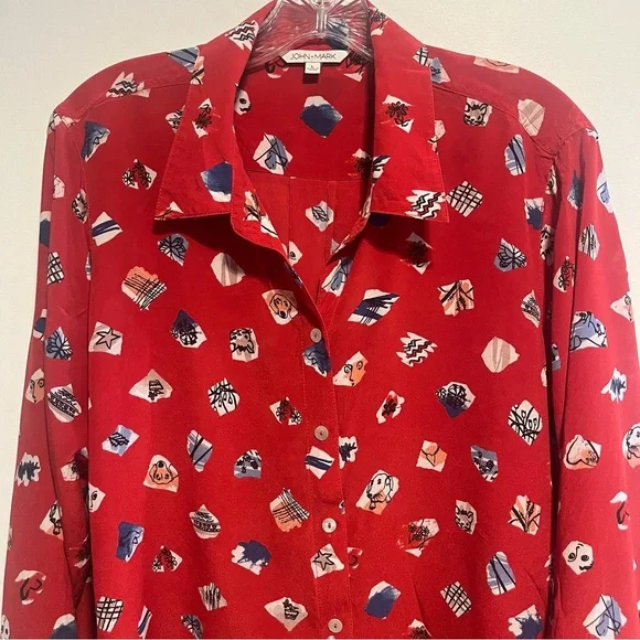 Anthropologie John Mark Silk Dog Print Tunic Playful Artistic Button Front Top - Picture 2 of 13